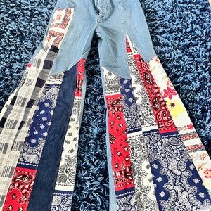 We The Free Flare Jeans in Blue and Red with Americana Patchwork